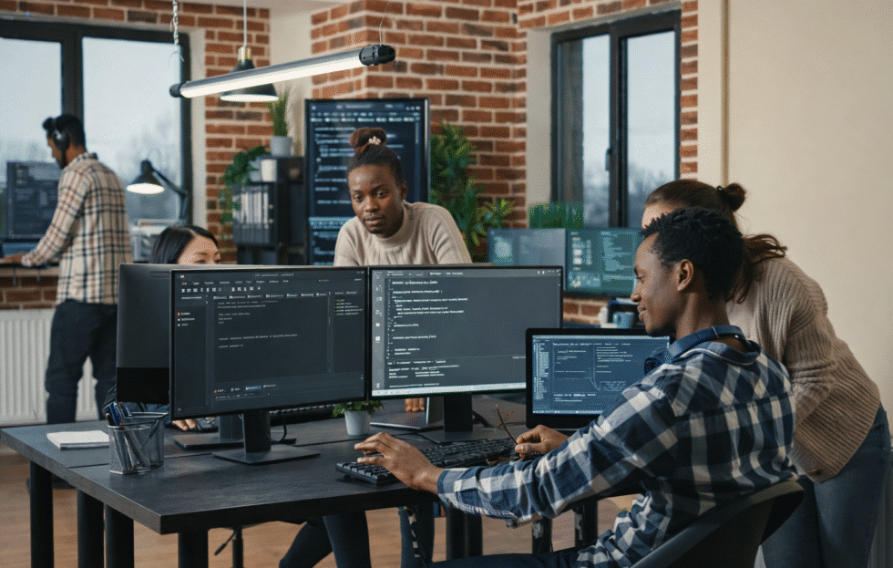 The IT professionals monitoring data encryption on multiple screens to demonstrate what is cybersecurity and how it protects sensitive information.