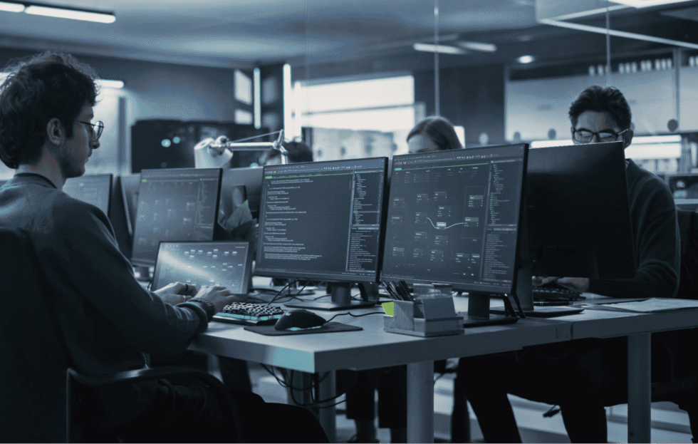 IT professionals monitoring systems in a modern office, demonstrating why cybersecurity is important for protecting data, networks, and business operations from cyber threats.