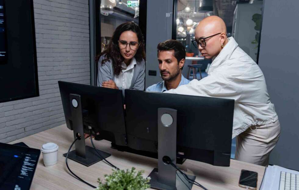 IT professionals reviewing systems as part of a cybersecurity strategy.